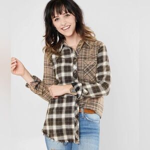 Gilded Intent Asymmetrical Patchwork Pieced Plaid Flannel Button Down Top Size M